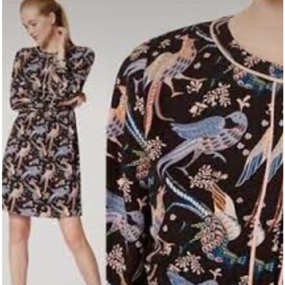 LOFT Peacock Bird Shirt Dress 10 10P Black Pink Blue Romantic Academia Career - Picture 1 of 6